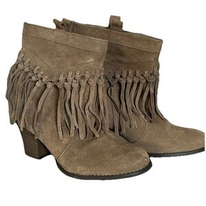 Sbicca Sound Leather Fringe Booties Women's 8 Brown Suede Leather Boho Western